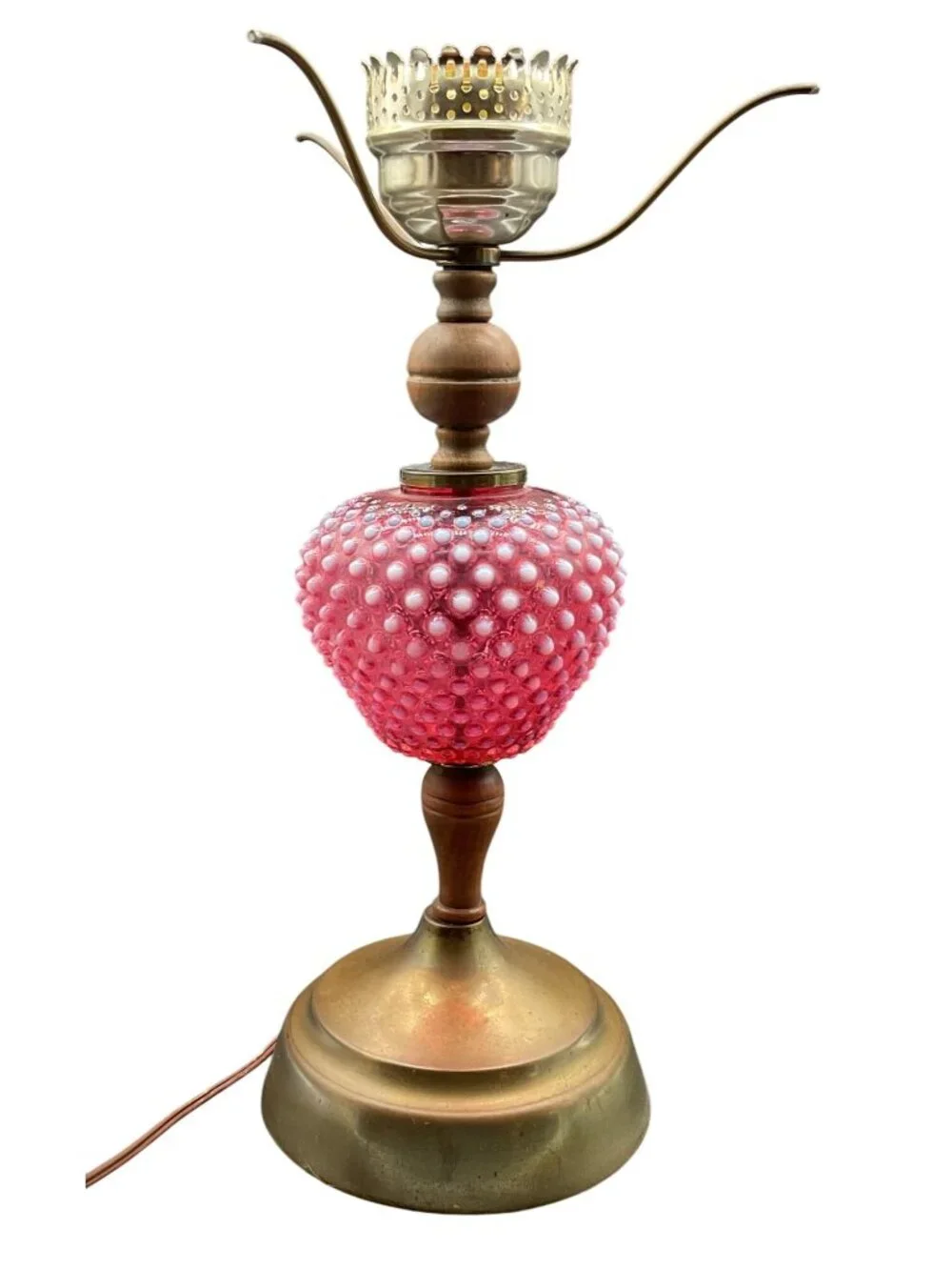 Vintage Fenton Cranberry Opalescent Hobnail Glass & Brass Table Lamp 17